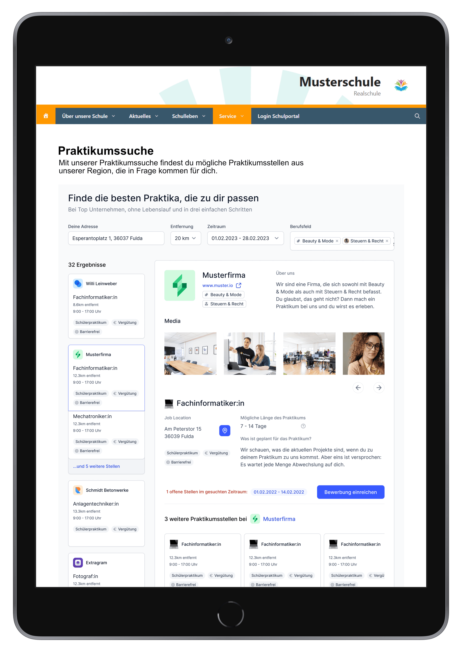 Praktikumsstellen auf Website einbinden